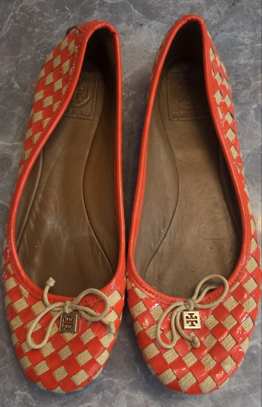 Tory Burch Orange Woven Leather Ballet Flats